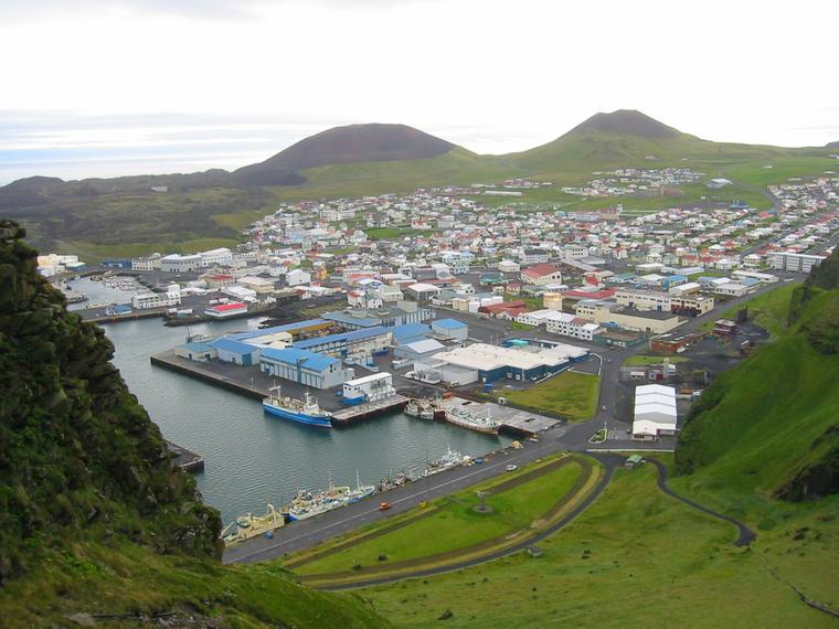 The Town of Heimaey, Iceland, Flanked by Two Volcanoes