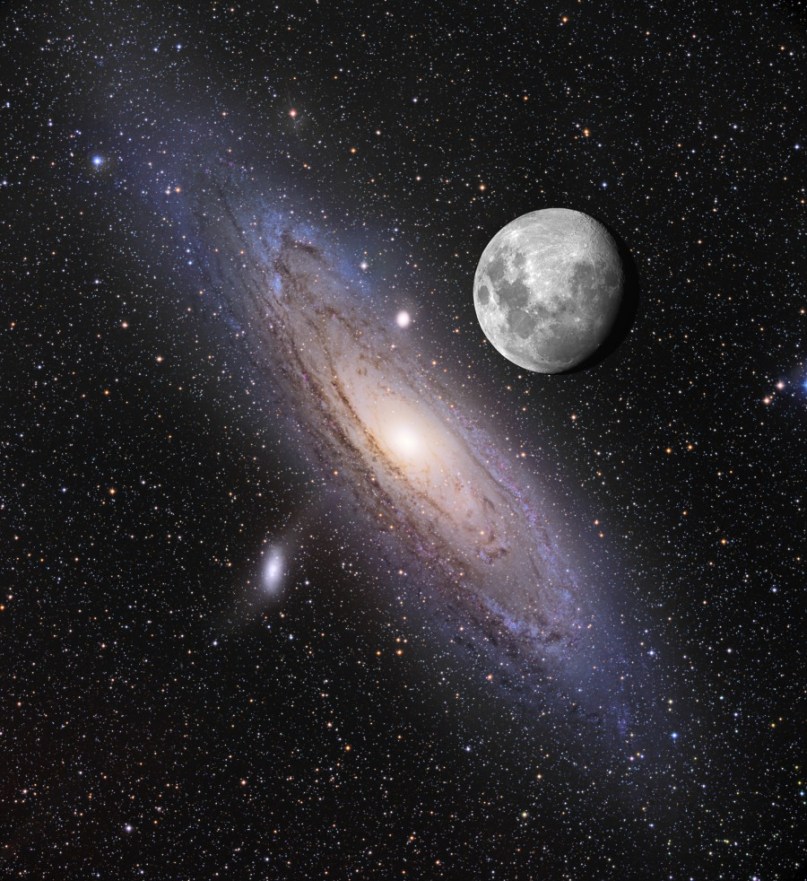 The Spiral M31 (Andromeda) Galaxy With Our Moon in the Foreground