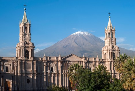 The Volcano El Misti Rises Above the Cathedral of Arequipa