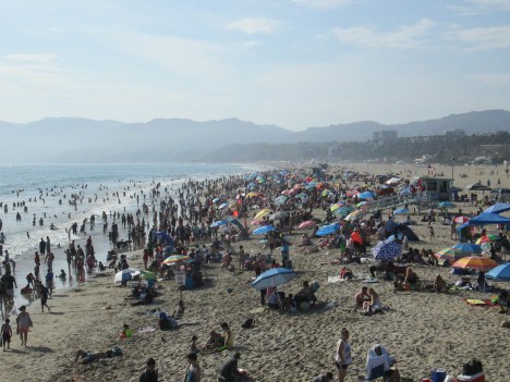 Crowds on the Beach North of the Santa Monica Pier