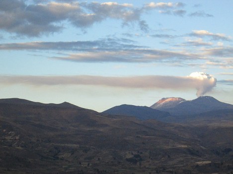 The Volcano Sabancaya in Eruption, seen from Colca Canyon