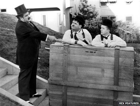 Billy Gilbert with Laurel and Hardy in “The Music Box”