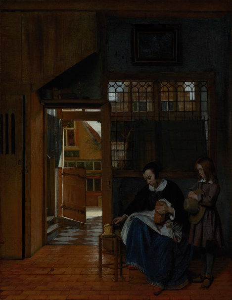 “A Woman Preparing Bread and Butter for a Boy” by Pieter de Hooch (early 1660s)